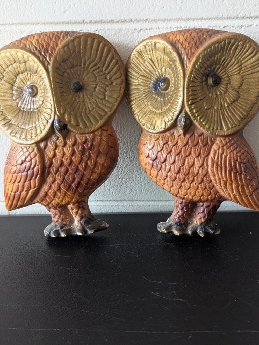 Pair of Vintage Owl 'big eyes' Hanging Ceramic plaster Wall Plaques MCM